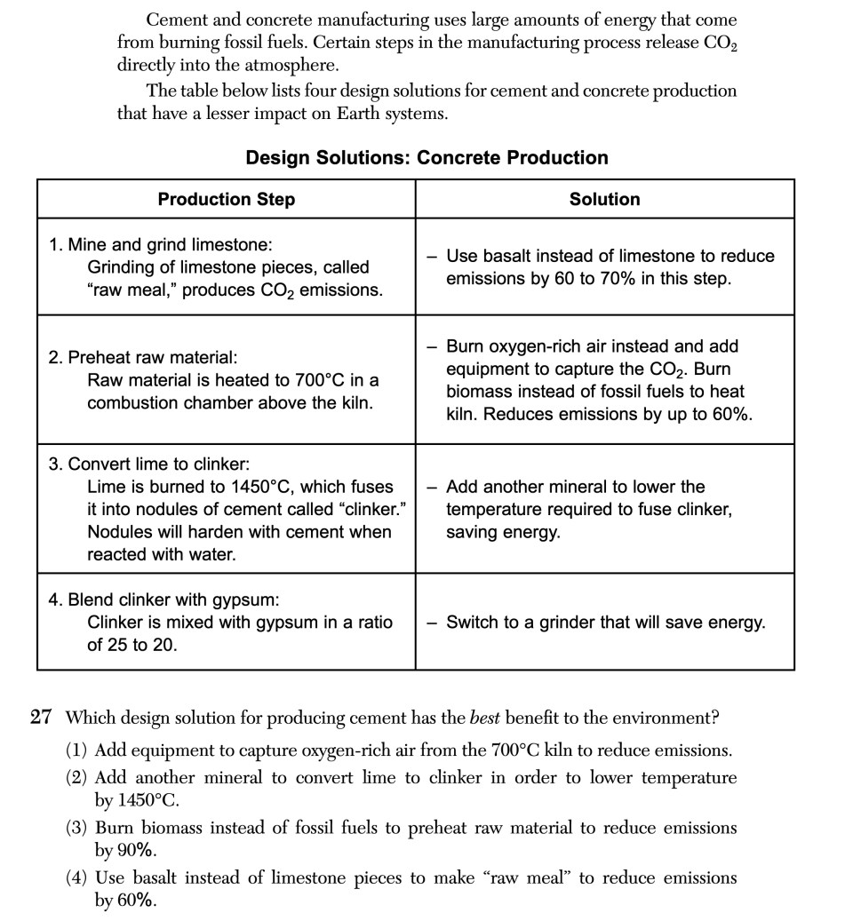 August 2026 Earth and Space Sciences Regents question 27, Carbon Emissions in Industry cluster