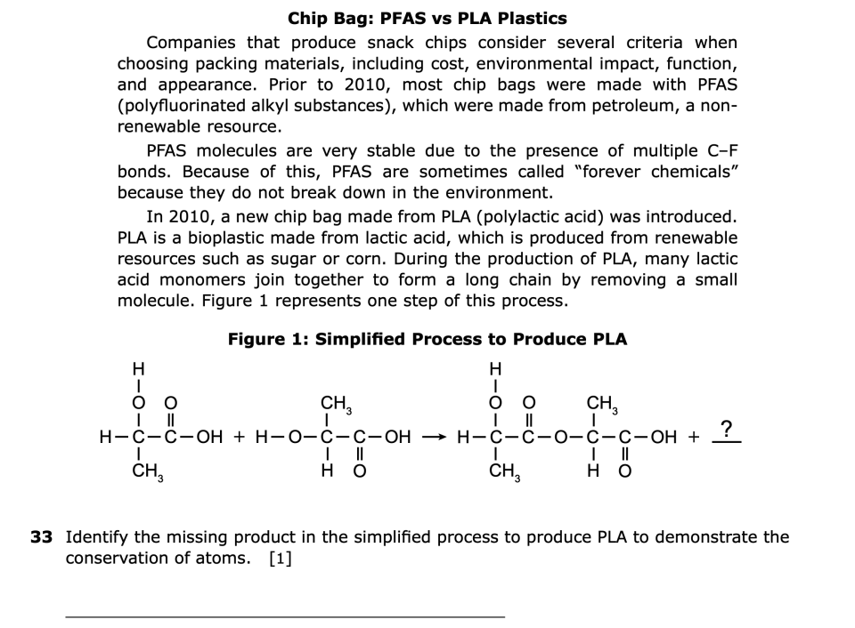 June 2026 Chemistry Regents question 33, Chip Bag: PFAS vs PLA Plastics cluster