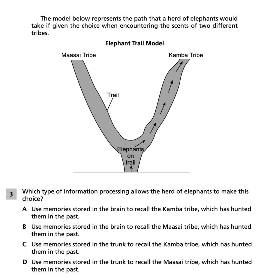 Spring 2024 Grade 5 Science Test question 3, Animal Senses cluster