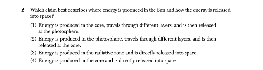 August 2025 Earth and Space Sciences Regents question 2, Energy in the Sun cluster